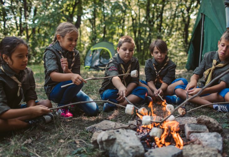 Group of scouts roast marshmallow candies on campfire in forest.